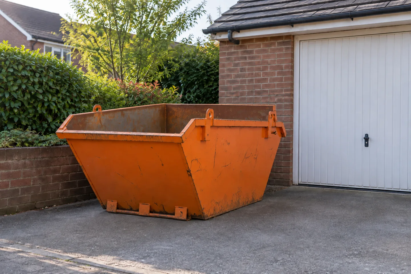 Skip positioned beside a property with space for loading